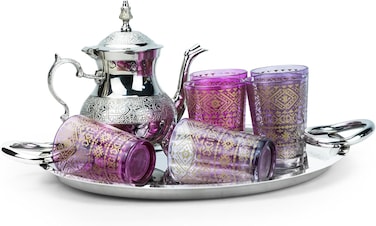 Cuisine Art ZOHA Moroccan Tea Set Brass Glass Silver Teapot 6 Gold Pattern Glasses Serving Tray Arabic Mint Tea Service Ramadan Eid Gift Home Restaurant Traditional Maghreb Style Wedding Party D&eacute;cor