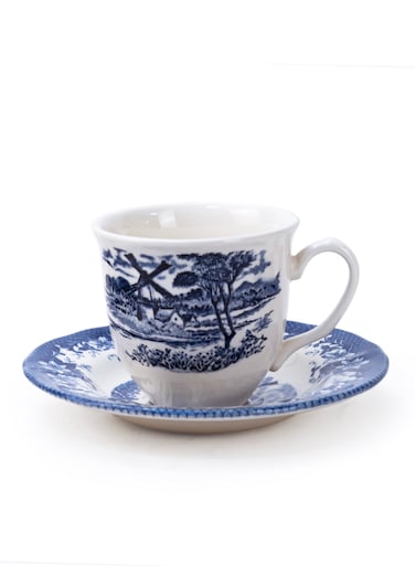 Claytan Earthenware Classic Blue Windmill Countryside Landscape Tea Cup &amp; Saucer Set, 200ml, White   Premium Tea &amp; Coffee Cup with Matching Saucer Vintage Drinkware for Home Office &amp; Gifting