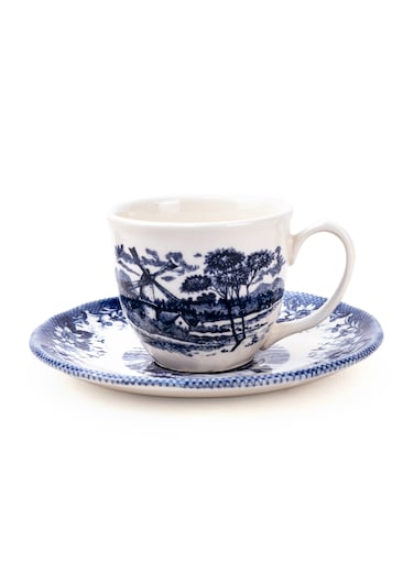 Claytan Earthenware Classic Windmill Pattern Blue Espresso Cup &amp; Saucer, 90ml, White   Premium Espresso &amp; Coffee Cup with Matching Saucer   Vintage Blue Drinkware for Home, Office, Caf&eacute; &amp; Gifting