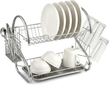 Cuisine Art 2-Tier Iron Dish Drying Rack &ndash; 40x24x24cm Compact Kitchen Organizer &ndash; Heavy-Duty Rust-Resistant Frame with Removable Drip Tray &amp; Cutlery Holder &ndash; Space-Saving Stand for Plates &amp; Bowls