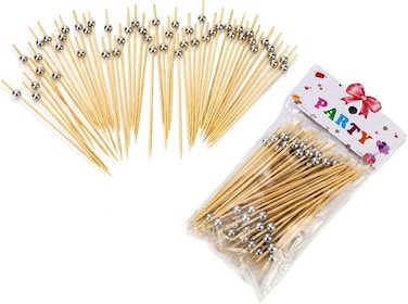Cuisine Art Premium Silver Bead Bamboo Cocktail Picks &ndash; 50-Piece Elegant Party Food Skewers &ndash; 12cm Decorative Serving Toothpicks for Appetizers, Finger Foods, Charcuterie &amp; Garnishing