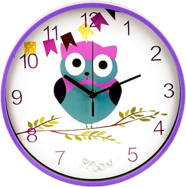 Cuisine Art 30cm Kids Owl Wall Clock &ndash; Silent Non-Ticking Sweep Movement &ndash; Large 12-Inch Face for Nursery, Kids Room &amp; Classroom &ndash; with Easy-to-Read Numerals - Purple Frame