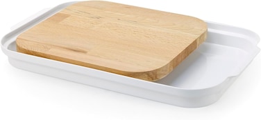 Obje Plastik Woods Sliding Cutting Board with Holder, 40.5x25cm Natural Beechwood Chopping Board, BPA-Free Plastic Tray for Food &amp; Waste Collection, Kitchen Prep Station &ndash; Made in Turkey - White
