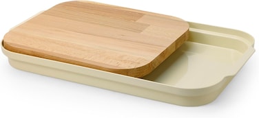 Obje Plastik Woods Sliding Cutting Board with Holder, 40.5x25cm Natural Beechwood Chopping Board, BPA-Free Plastic Tray for Food &amp; Waste Collection, Kitchen Prep Station &ndash; Made in Turkey - Beige