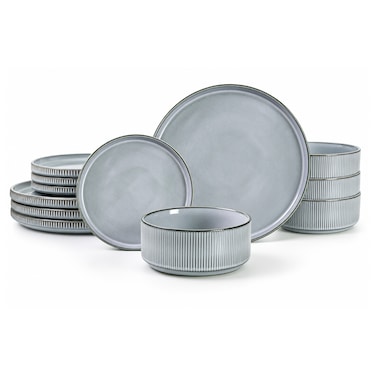 Cuisine Art BAV 12-Piece Stoneware Dinner Set, Ash Grey Tableware Set with 4 Dinner Plates, 4 Side Plates &amp; 4 Bowls, Elegant Everyday Dining Set