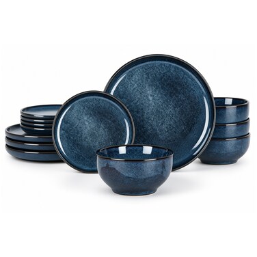Cuisine Art RAH 12-Piece Stoneware Dinner Set, Marble Blue Tableware Set with 4 Dinner Plates, 4 Side Plates &amp; 4 Bowls, Elegant Everyday Dining Set
