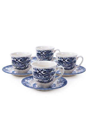 Claytan Earthenware Classic Blue Windmill Countryside Landscape Tea Cup &amp; Saucer Set, 200ml, White (Set of 4)   Premium Tea &amp; Coffee Cups with Matching Saucers   Vintage Drinkware for Home, Office