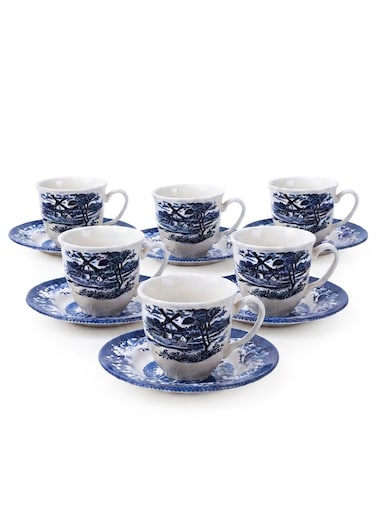 Claytan Earthenware Classic Blue Windmill Countryside Landscape Tea Cup &amp; Saucer Set, 200ml, White (Set of 6)   Premium Tea &amp; Coffee Cups with Matching Saucers   Vintage Drinkware for Home
