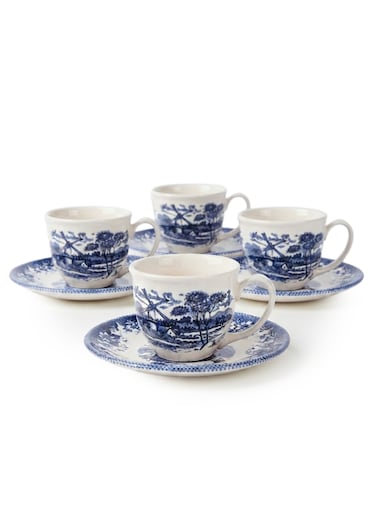 Claytan Earthenware Classic Windmill Pattern Blue Espresso Cup &amp; Saucer Set, 90ml, White (Set of 4)   Premium Espresso &amp; Coffee Cups with Matching Saucers   Vintage Blue Drinkware for Home, Office