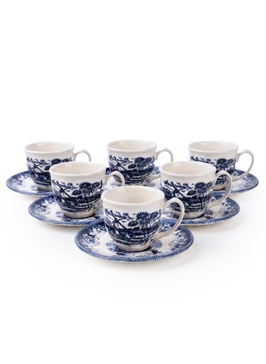 Claytan Earthenware Classic Windmill Pattern Blue Espresso Cup &amp; Saucer Set, 90ml, White (Set of 6)   Premium Espresso &amp; Coffee Cups with Matching Saucers   Vintage Blue Drinkware for Home, Office