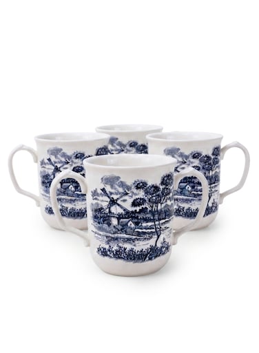 Claytan Earthenware Classic Blue Windmill Pattern Mug, 340ml, White (Set of 4)   Premium Coffee &amp; Tea Mugs   Vintage Blue Drinkware for Home, Office, Caf&eacute; &amp; Gifting