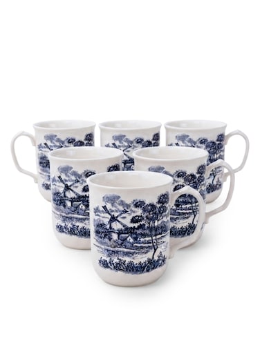 Claytan Earthenware Classic Blue Windmill Pattern Mug, 340ml, White (Set of 6)   Premium Coffee &amp; Tea Mugs   Vintage Blue Drinkware for Home, Office, Caf&eacute; &amp; Gifting