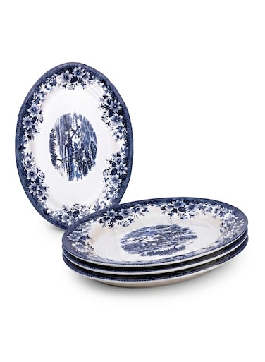 Claytan Earthenware Classic Blue Windmill &amp; Floral Pattern Oval Platter, 14 Inch, White (Set of 4)   Premium Serving Platters for Main Course, Appetizers, BBQ, Seafood &amp; Desserts   Vintage Tableware