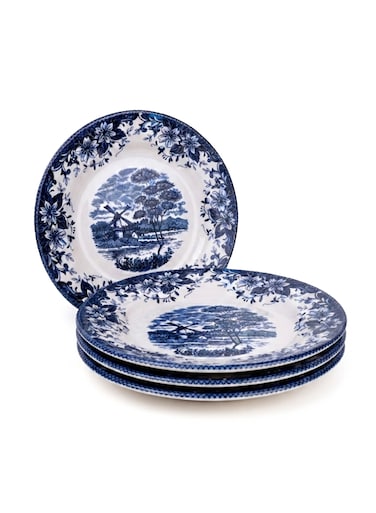 Claytan Earthenware Classic Blue Windmill &amp; Floral Pattern Salad Plate, 8.1 Inch, White (Set of 4)   Premium Dessert, Appetizer &amp; Side Plate   Vintage Tableware for Home, Office, Caf&eacute; &amp; Gifting