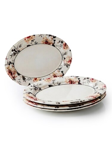 Claytan Earthenware Jasper Oval Platter Floral Pattern, 14 Inch, White (Set of 4)   Premium Serving Platters for Main Course, Appetizers, BBQ, Seafood &amp; Desserts   Elegant Tableware for Home &amp; Gifting