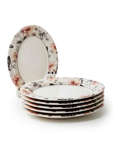 Claytan Earthenware Jasper Oval Platter Floral Pattern, 14 Inch, White (Set of 6)   Premium Serving Platters for Main Course, Appetizers, BBQ, Seafood &amp; Desserts   Elegant Tableware for Home &amp; Gifting