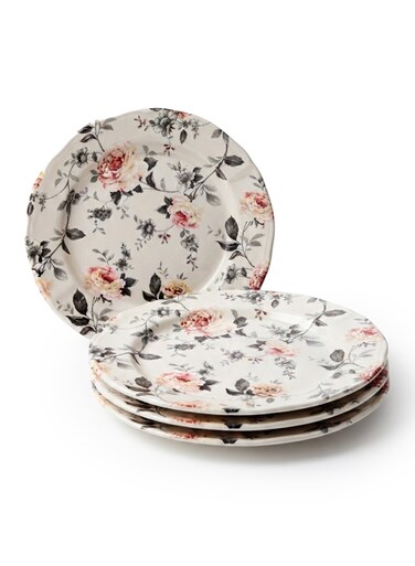 Claytan Earthenware Jasper Chop Plate Floral Pattern, 12.1 Inch, White (Set of 4)   Premium Dinner &amp; Serving Plate for Main Course, Steak, BBQ, Pasta &amp; Continental Meals