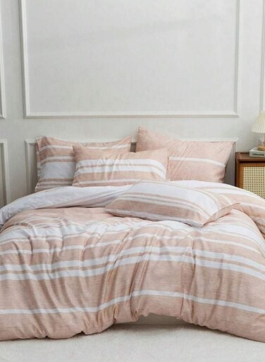 Home King Size 6 Pieces Coral Stripe Design Duvet Cover Set