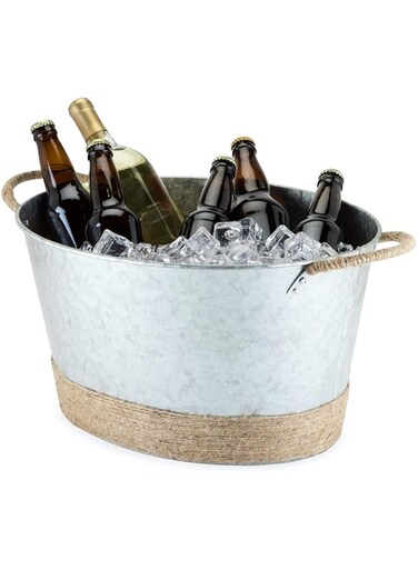 Twine Seaside Jute Rope Wrapped Farmhouse Galvanized Ice Metal Beverage Tub, Wine, Beer Bottle Bucket, 4.5 Gallons