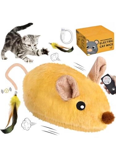Interactive Cat Toys with Remote Control &amp; Auto Mode - Rechargeable Plush Mouse Simulation, Squeaky Electric Toy for Indoor Cats - Exercise-Stimulating Design(Yellow)