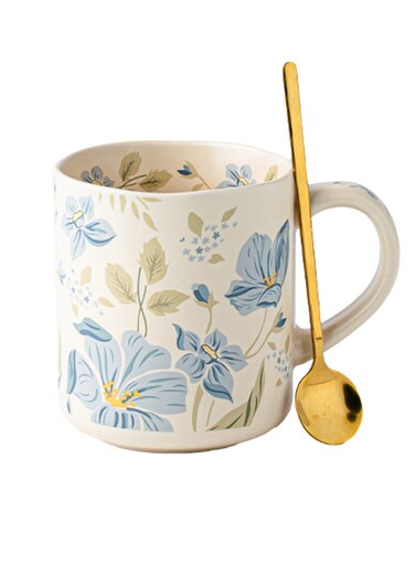 Zephyranthes Flower Pattern Ceramic Mug with Spoon - Dishwasher, Microwave &amp; Sterilizer Safe for Hot/Cold Beverages