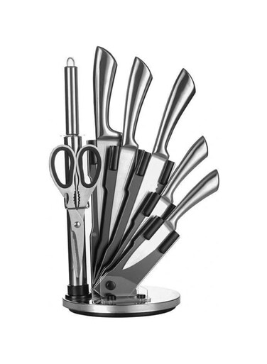 Art 8-Piece Professional Kitchen Cutting Tool Set with Revolving Stand &acirc;&euro;&ldquo; Includes Chef, Cleaver, Slicer, Utility &amp; Fruit Cutters, Scissors, Sharpening Rod, and Tool Block &acirc;&euro;&ldquo; Silver