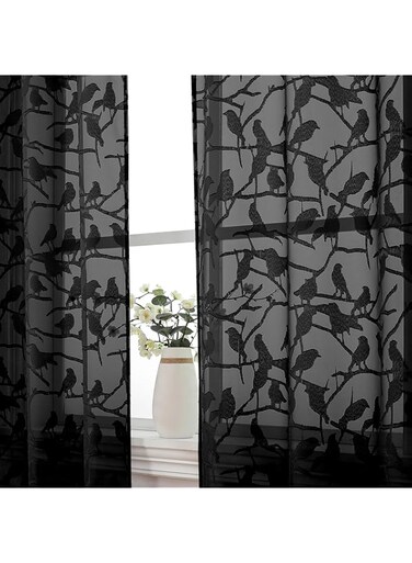 OVZME 2 Panels Black Voile Sheer Curtains 72 inch Length for Bedroom, Dual Rod Pocket Lightweight &amp; Breathable Fabric Sheer Black Curtain Window Treatment, Anji Birds Clip Jacquard, 38W x 72L