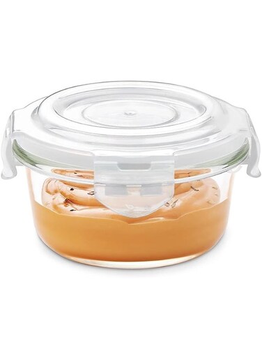 Borosil Klip-N-Store Round Glass Storage Container With Air Tight Lid Food Storage Container Microwave Safe Container 240 Ml Transparent