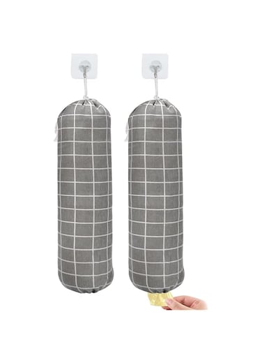 KASTWAVE 2pcs Plastic Bag Holder, Wall Mount Plastic Bag Organizer Dispenser,Shopping Bags Carrier, Washable Large Grocery Bag Storage for Home Kitchen Camper, Adjustment with Drawstring, Gray