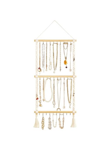 Dahey Hanging Jewelry Organizer Macrame Necklace Holder with 30 Hooks Wall Mounted Jewelry Hanger Over Door Necklace Rack with Tassel for Necklace Bracelet Earring Headband Bow Organizer