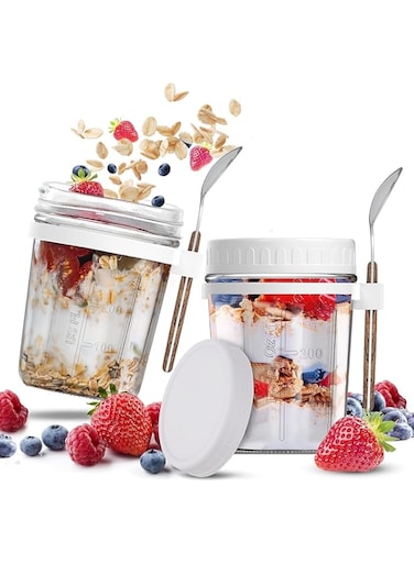 TMOHRA 2 Pack 350ml Overnight Oats Containers with Lids and Spoons 12 Oz Glass Mason Jars for Overnight Oats Leak Proof Oatmeal Container Great for Cereal Fruit Vegetable Milk Salad Yogurt Meal Prep