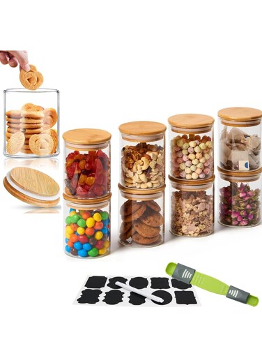 Glass Jars Set 8cm*10cm (8 Packs), Food Storage Containers for Kitchen, Spice Jars With Labels, Marker and Spoons, Wood Lid. (Round 8p)