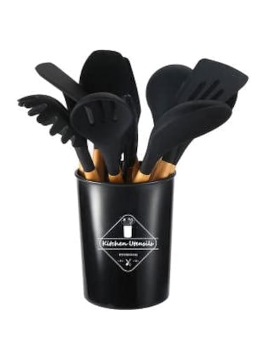 AWH 12 Pcs Silicone Cooking Utensils Kitchen Utensil Set - 446&deg;F Heat Resistant,Turner Tongs, Spatula, Spoon, Brush, Whisk, Wooden Handle Kitchen Gadgets with Holder for Nonstick Cookware (Black)