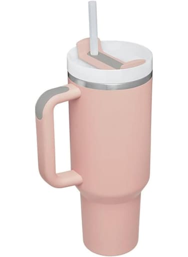 Insulated Stainless Steel Travel Mug 40oz (1200ML) with Handle, Straw &amp; Lid, Double Wall Vacuum Tumbler, Leak Resistant Coffee Cup, Car Cup Holder Friendly, Keeps Drinks Hot &amp; Cold for Travel, Office Pink