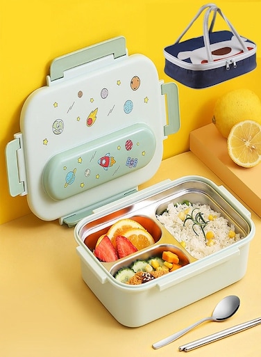 3-Apartment Stainless Steel Stylish Lunch Box with Cutlery Set with Double Handles Insulated Bag For All Ages