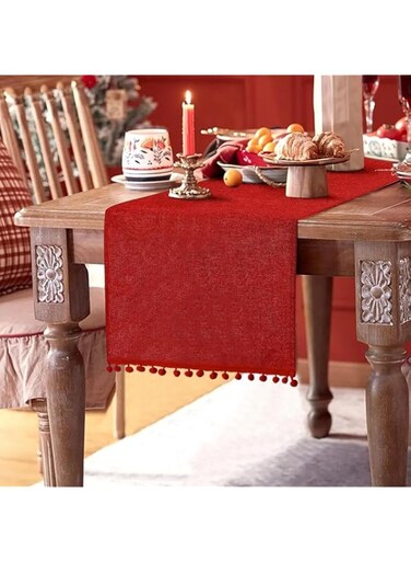 SevenFish Christmas Table Runner, 14x72 inch Rustic Burlap Table Runner with Pom Pom Red Dining Table Runner for Christmas Wedding Valentine's Day Party Decorations