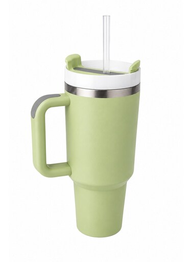 Stainless Steel Vacuum Insulated Tumbler with Handle &amp; Straw &acirc;&euro;&ldquo; BPA Free Leak Resistant Travel Mug for Water, Coffee, Iced Tea &amp; Smoothies &acirc;&euro;&ldquo; Cup Holder Friendly Reusable Thermal Flask, Sage Green , 40oz