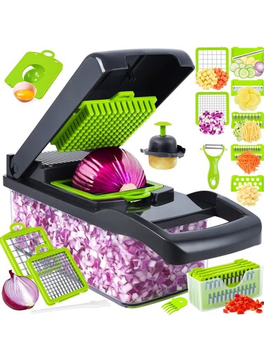 ZONE Vegetable Chopper, Pro Onion Chopper, 14 in 1Multifunctional Food Chopper, Kitchen Vegetable Slicer Dicer Cutter,Veggie Chopper With 8 Blades,Carrot and Garlic Chopper With Container (Grey / Green)