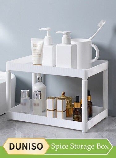 Double Layer Desktop Storage Rack, Kitchen Seasoning Sorting Rack, Multifunctional Dressing Table Storage Rack, With Raised Edges, Sturdy And Durable, Suitable For Offices, Kitchens, Bedrooms, Bathrooms, 28 * 18 * 18cm, White
