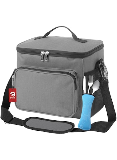 BREZI 10L Lunch Bag w/Cutlery Set - Compact, Spacious Insulated Lunch Bag w/Multiple Pockets &amp; Durable Handle, Keeps Food Warm or Cold, Perfect for Work, School &amp;Picnic (20.5x25.5x17cm) (GREY)