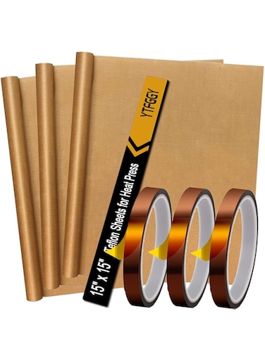 YTFGGY 3 Pack Teflon Sheets for Heat Press 15x15" and 3 Rolls Heat Transfer Tape 10mm - Non Stick Transfer Sheet Heat Press Tape Set for Sublimation PTFE Teflon Sheet Heat Resistant