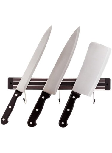 Magnetic Knife Bar, Magnetic Strip, Knife Holder With Hooks - Holds Up To 3 Knives - 13 Inches - Large, Black - 1Ct Box - Met Lux - Restaurantware