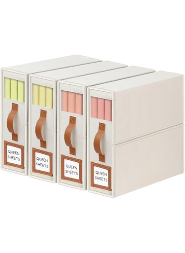 U-HOOME Bed Sheets Organizers Storage 4 Pack,Foldable Sheet Organizer With Leather Handle For Linen Closet,Linen Closet Organizers and Storage for Sheet Set,Clothing,Duvet Covers,Blanket (Beige)