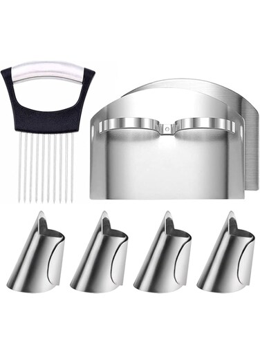 MAKINGTEC Onion Holder Slicer, 6PCS Finger Guard Set for Cutting, Stainless Steel Finger Protector, Thumb Guard Peelers for Onion Nuts Kitchen Tool Avoid Hurting When Slicing and Chopping