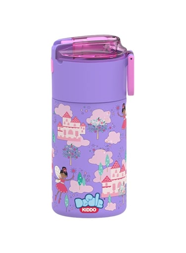 Doodle Kiddo&reg; Stainless Steel Fairy Water Bottle for Kids - 450ml Double Wall Vacuum Insulated, BPA Free, Leakproof, Push Button Open, Drop Resistant Flask for Kids