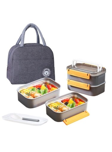 Stainless Steel Lunch Box Double-Layer Insulated Bento Box with Compartments and Tableware 1.6L Grey