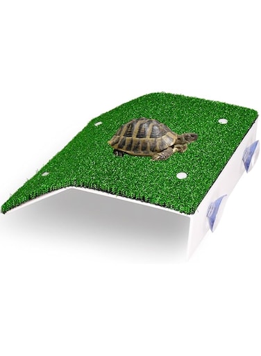 1PCS Outboard flusherTurtle Basking Platform, Large Transparent Fish Tank Aquarium Platform with Suction Cups and Artificial Grass Pier, Tank Decor Accessories