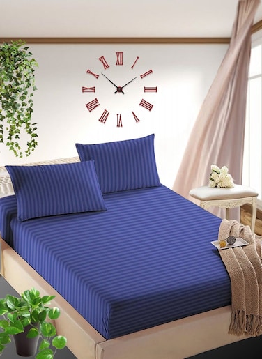 Navy Blue Striped Queen Size Sheet Set Deep Pockets Machine Washable 180x200+25cm