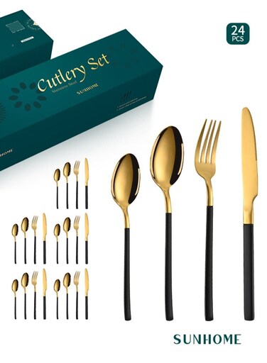 24-Piece Stainless Steel Cutlery Set Kitchen Utensil Set Western Tableware Suitable For Home Kitchen Restaurant Hotel Party Dining Picnic Dining Exquisite Packaging Gift Gold/Black