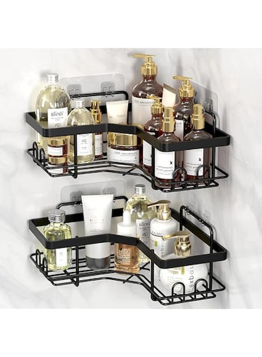 PURTEERY Corner Shower Caddy 2 Pack Shower Organizers with Adhesive, Stainless Steel Shower Shelves with 8 Hooks, No Drilling Bathroom Organizers and Storage Racks